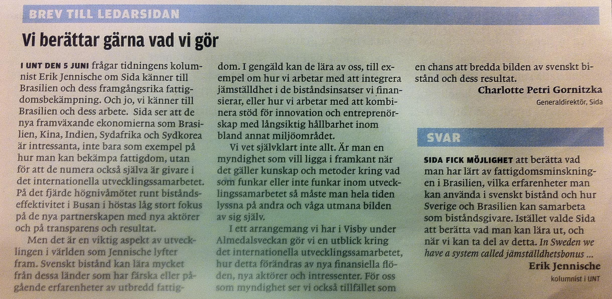 Sidas svar till min artikel i UNT